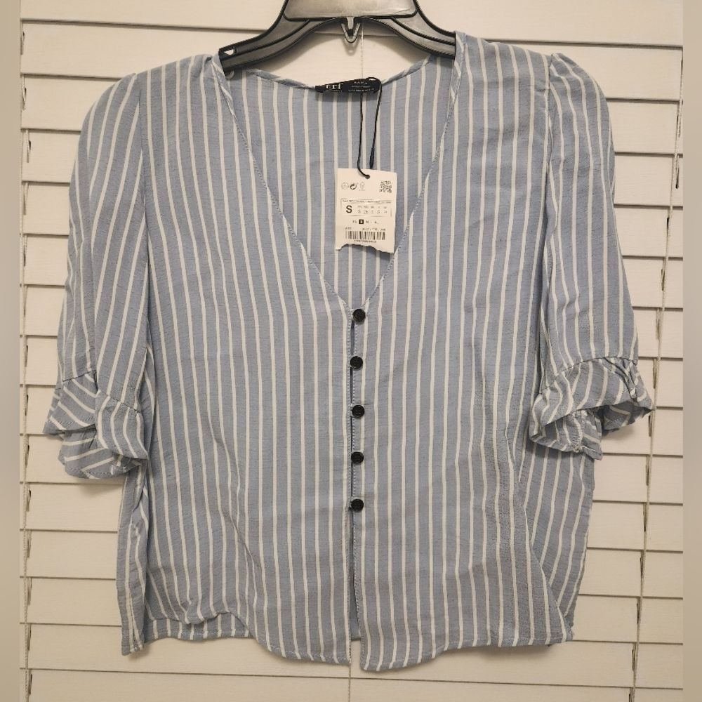 Zara Striped Blue Button Blouse Size Small NWT